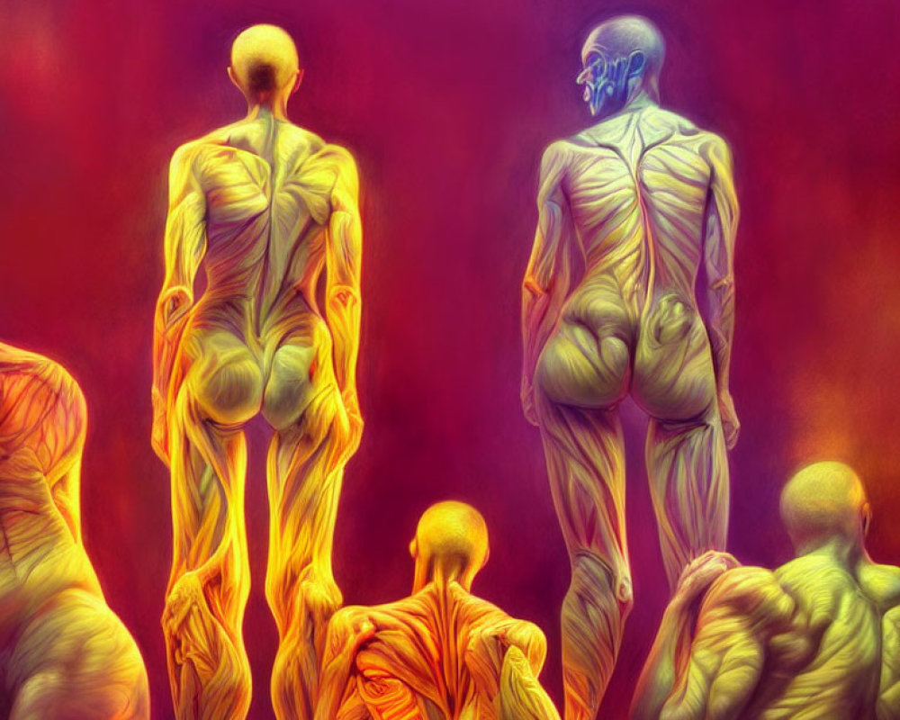 Colorful surreal illustration of four human figures with exposed muscles and skeletons on radiant background