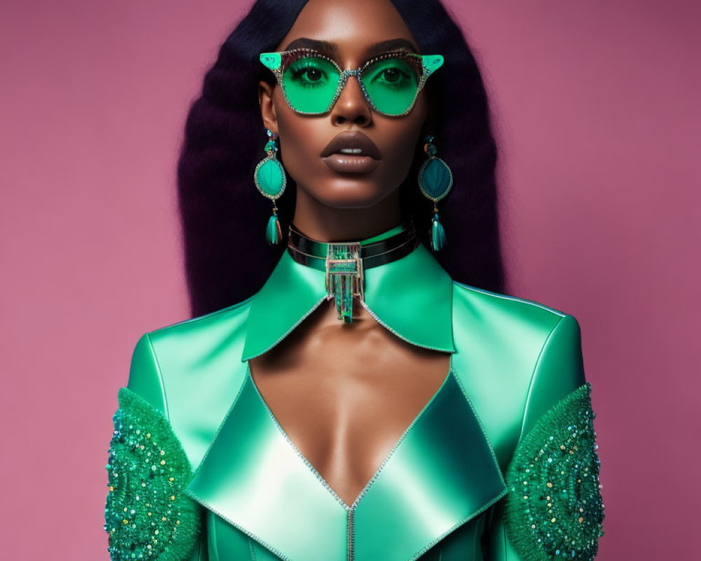 Woman in sunglasses and green top with shoulder embellishments on pink background