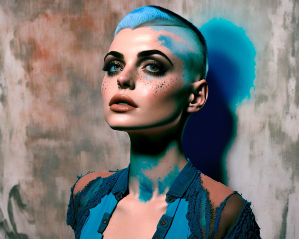 Blue-haired woman with nose piercing and freckles in torn shirt against textured backdrop.