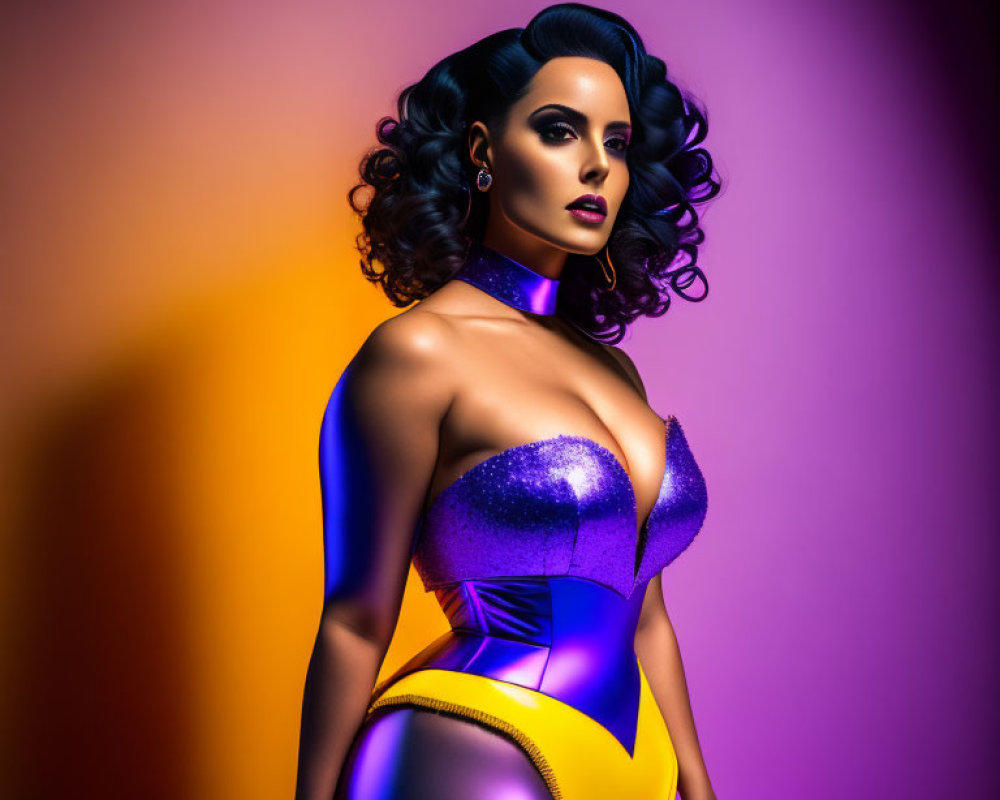 Fashionable woman in futuristic bodysuit on gradient background