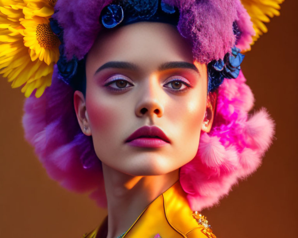 Woman with Bold Eyebrows and Purple Eyeshadow in Vibrant Feather Headpiece