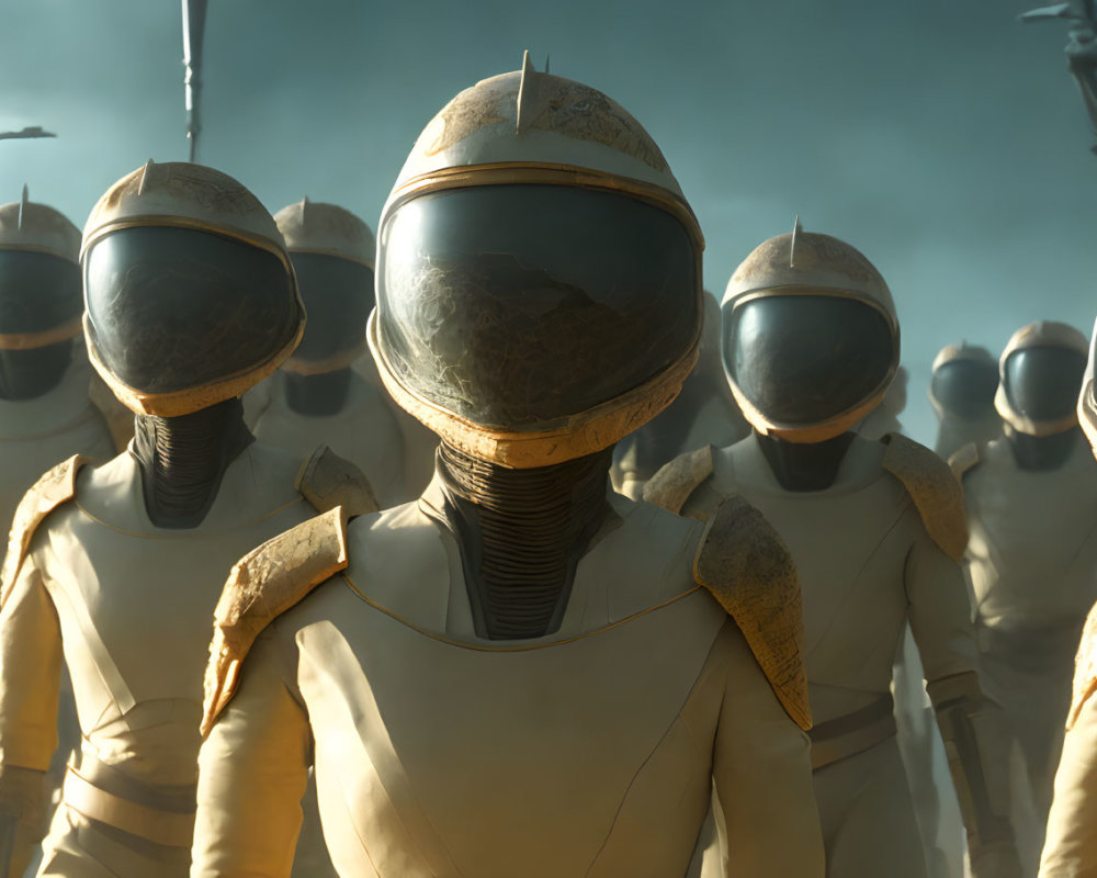 Futuristic soldiers in reflective helmets on barren landscape with ominous structures.