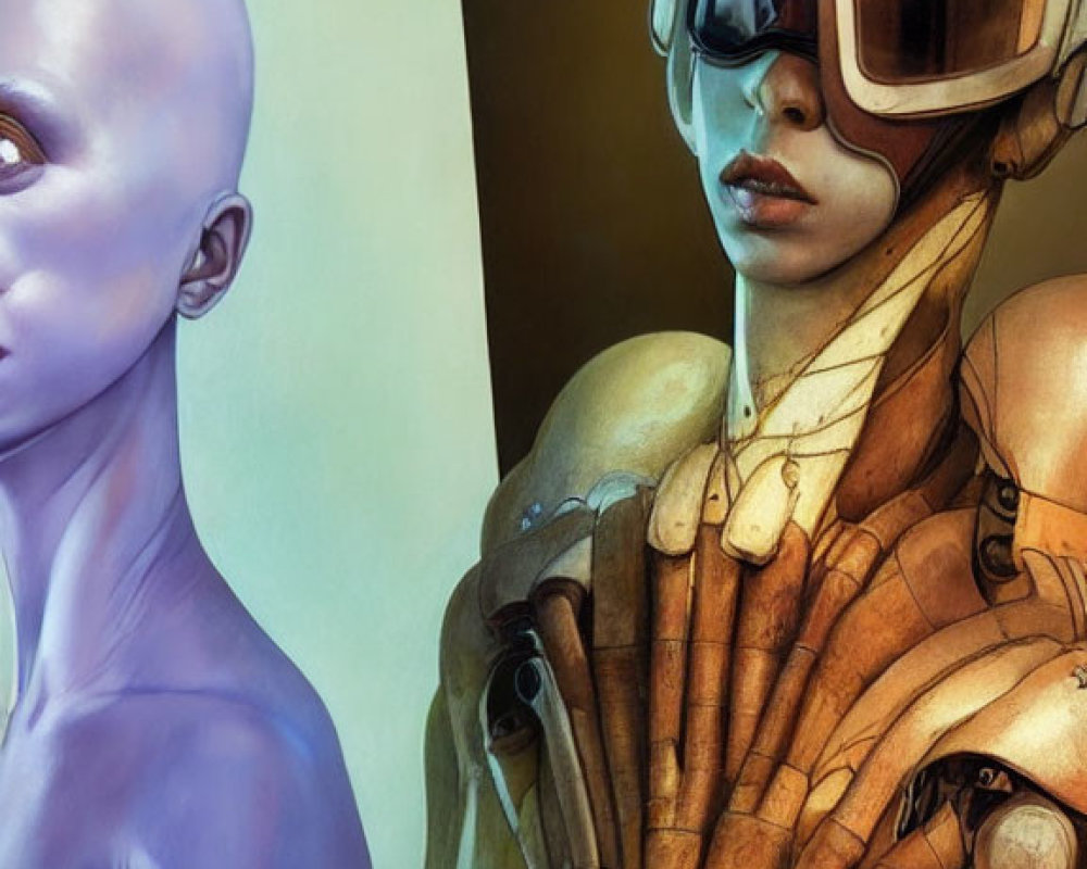 Two humanoid figures: one bald and pensive, the other with cybernetic enhancements and a helmet