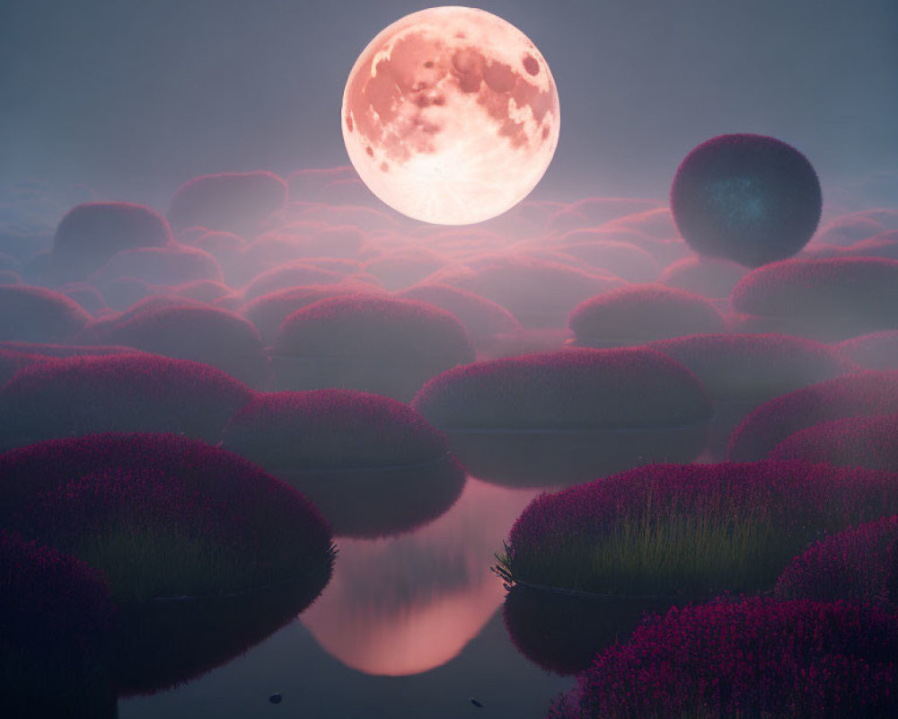 Large Pink Moon Over Purple Fluffy Vegetation and Tranquil Water