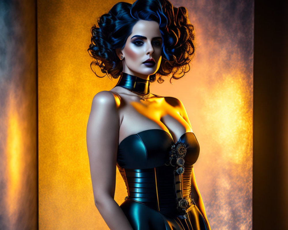 Voluminous curled hair woman in dramatic makeup and corseted black dress on fiery orange backdrop