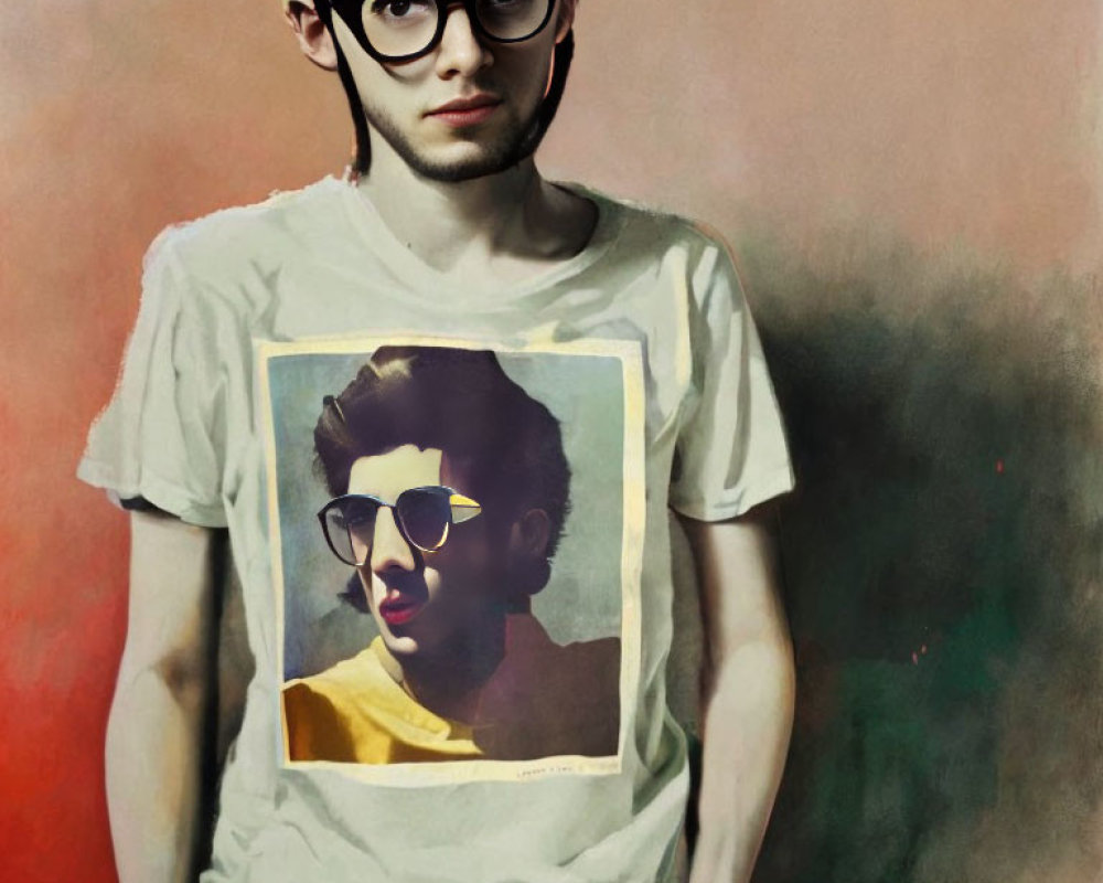 Young man in glasses wearing t-shirt with self-portrait design