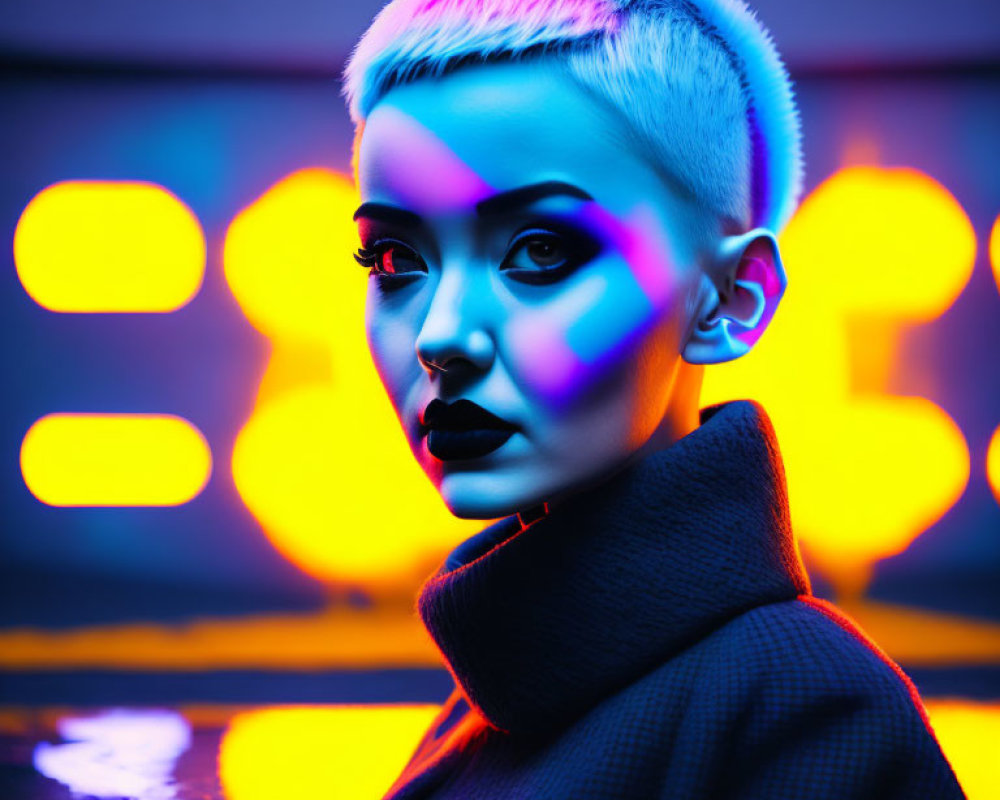 Short-haired person with bold makeup under neon lights and bokeh background.