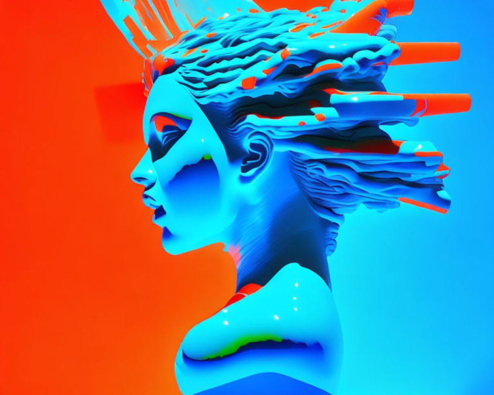 Colorful 3D woman's profile with blue skin and liquid hair on vibrant background