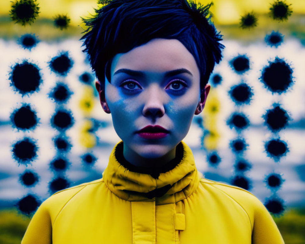 Person with Short Hair in Blue Face Paint, Yellow & White Jacket, Sunflower Pattern Background