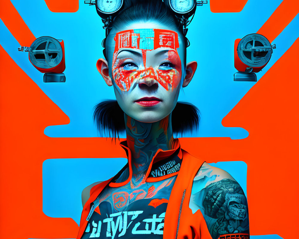 Futuristic woman with cyberpunk makeup and tattoos on vivid blue background