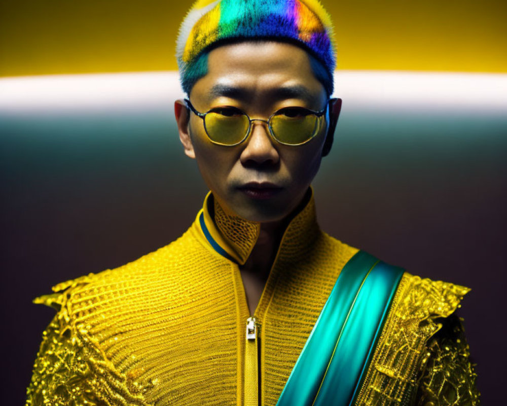 Rainbow-Dyed Hair Person in Golden-Yellow Attire and Round Sunglasses against Gradient Background