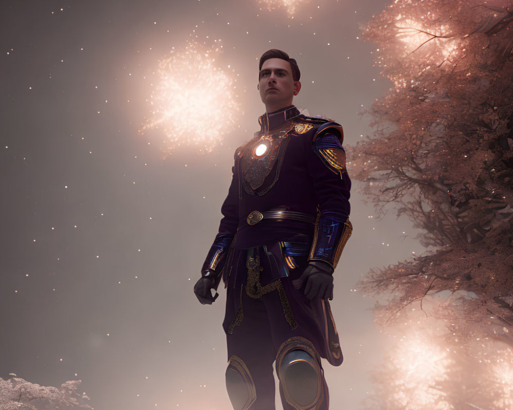 Futuristic man in uniform under glowing sky with pink blossoms