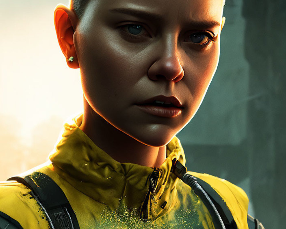 Woman with buzz cut in yellow jacket gazing at light source on dark background