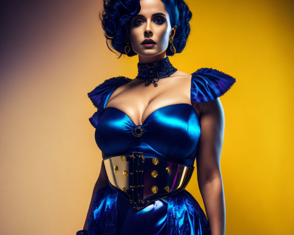 Blue-haired woman in vintage attire poses in metallic blue dress against yellow backdrop