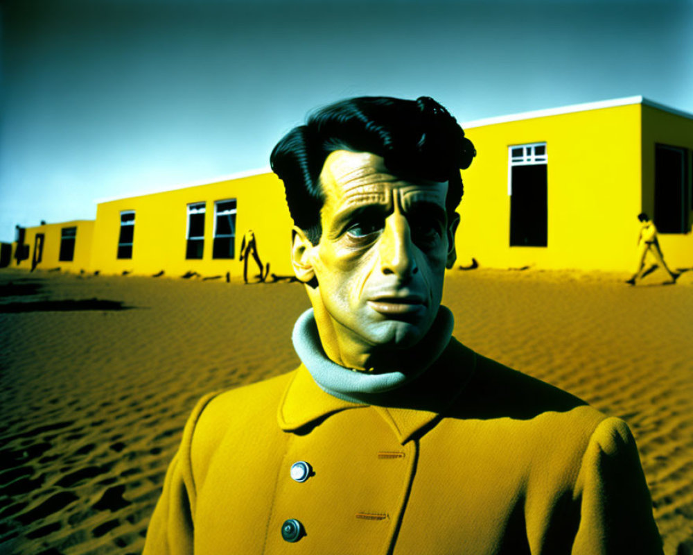 Man in Yellow Coat Stands Before Yellow Buildings Under Blue Sky