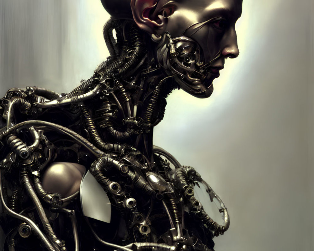 Detailed humanoid robot with intricate mechanical parts and cybernetic head.