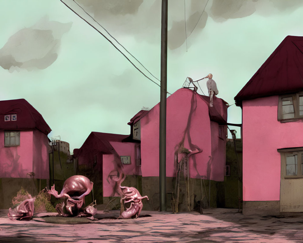 Pink houses, person on rooftop, green sky, and peculiar creatures in surreal scene