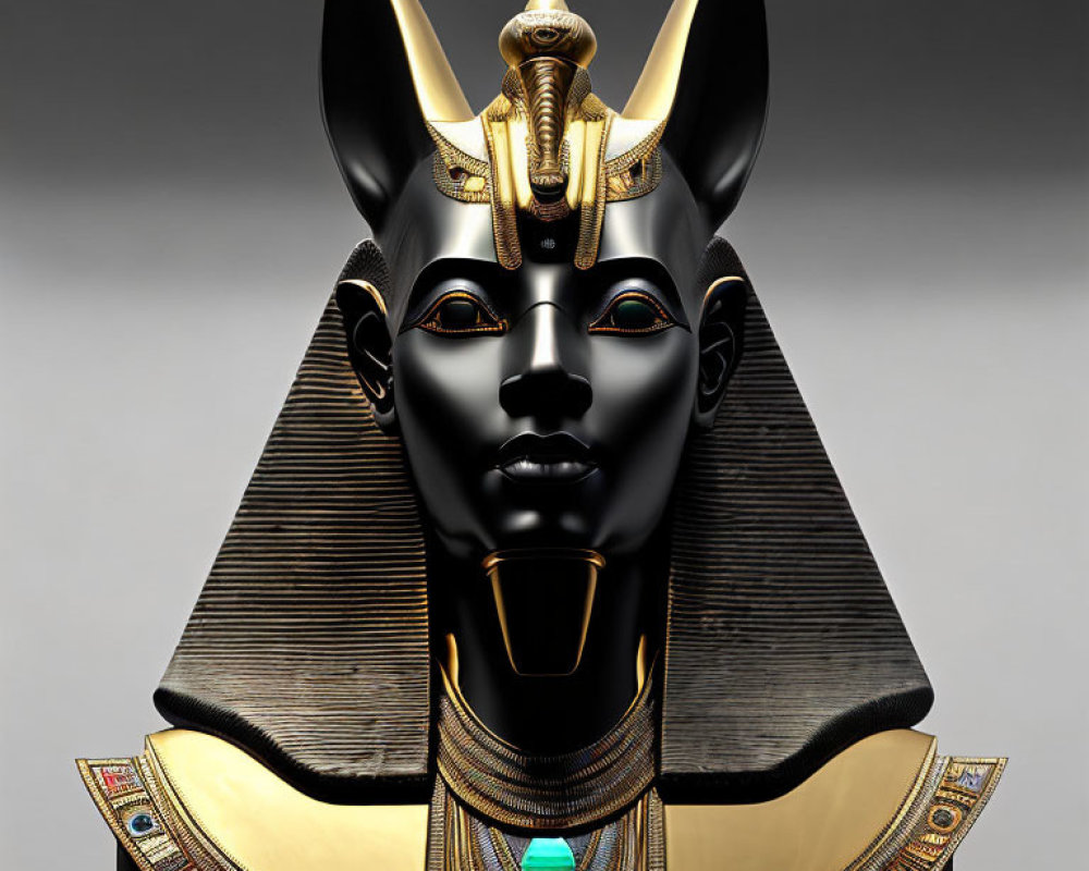 Ancient Egyptian statue: Black and gold god with jackal head, pharaoh's headdress,