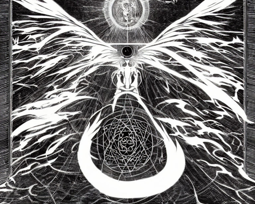 Monochrome illustration of ethereal being with wings and radiant energy, central light source, and geometric pattern