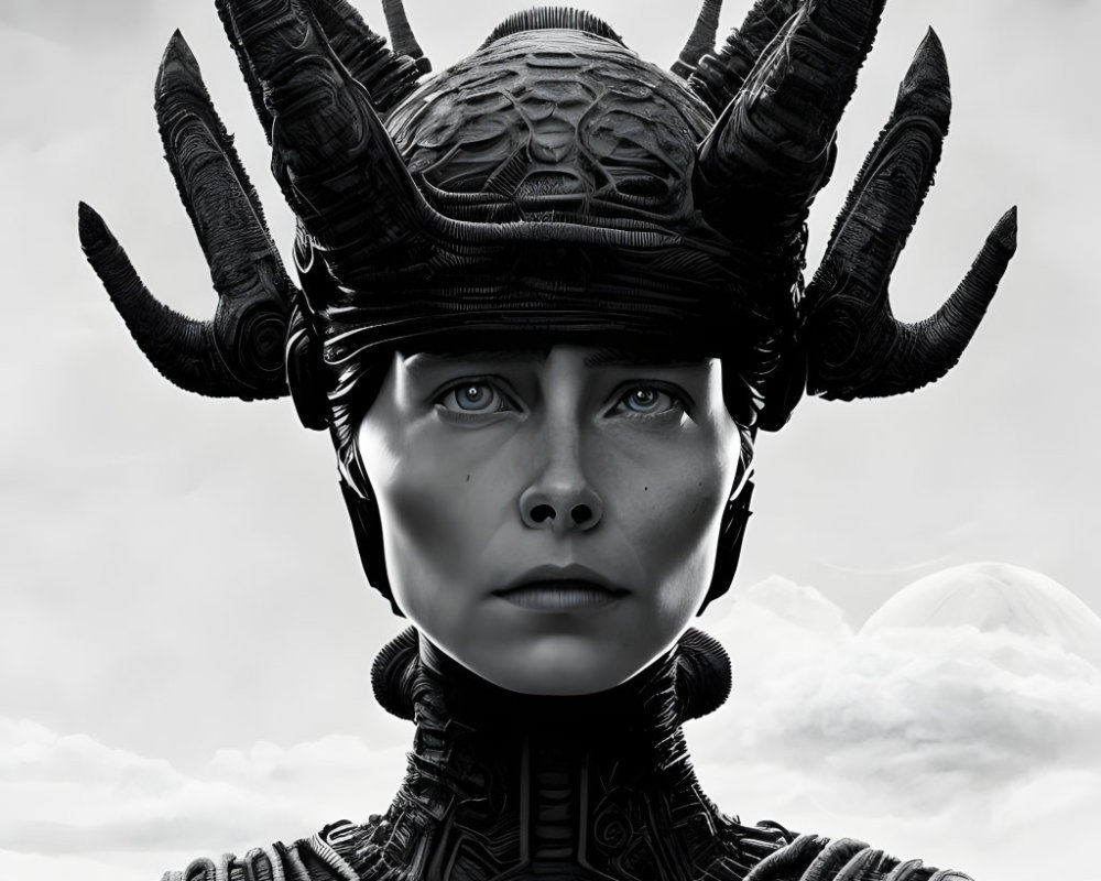 Monochrome image of person in horned helmet and textured armor under cloudy sky