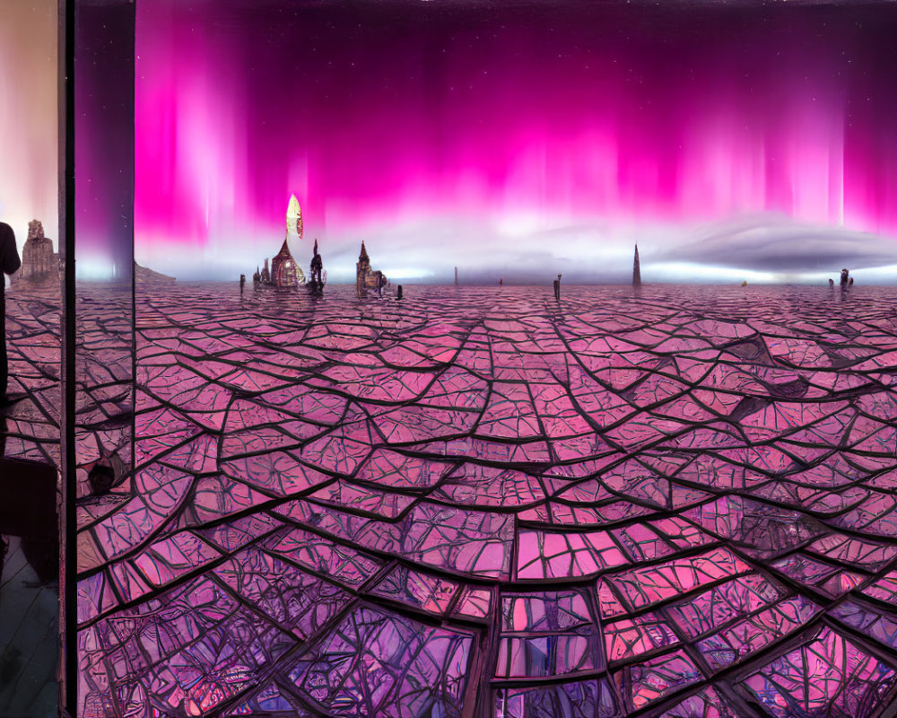 Person standing in front of cracked glass landscape with purple and pink auroras near castle-like structure