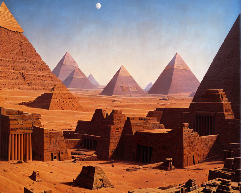 Ancient Egyptian landscape with Great Pyramids, Sphinx, and moon.