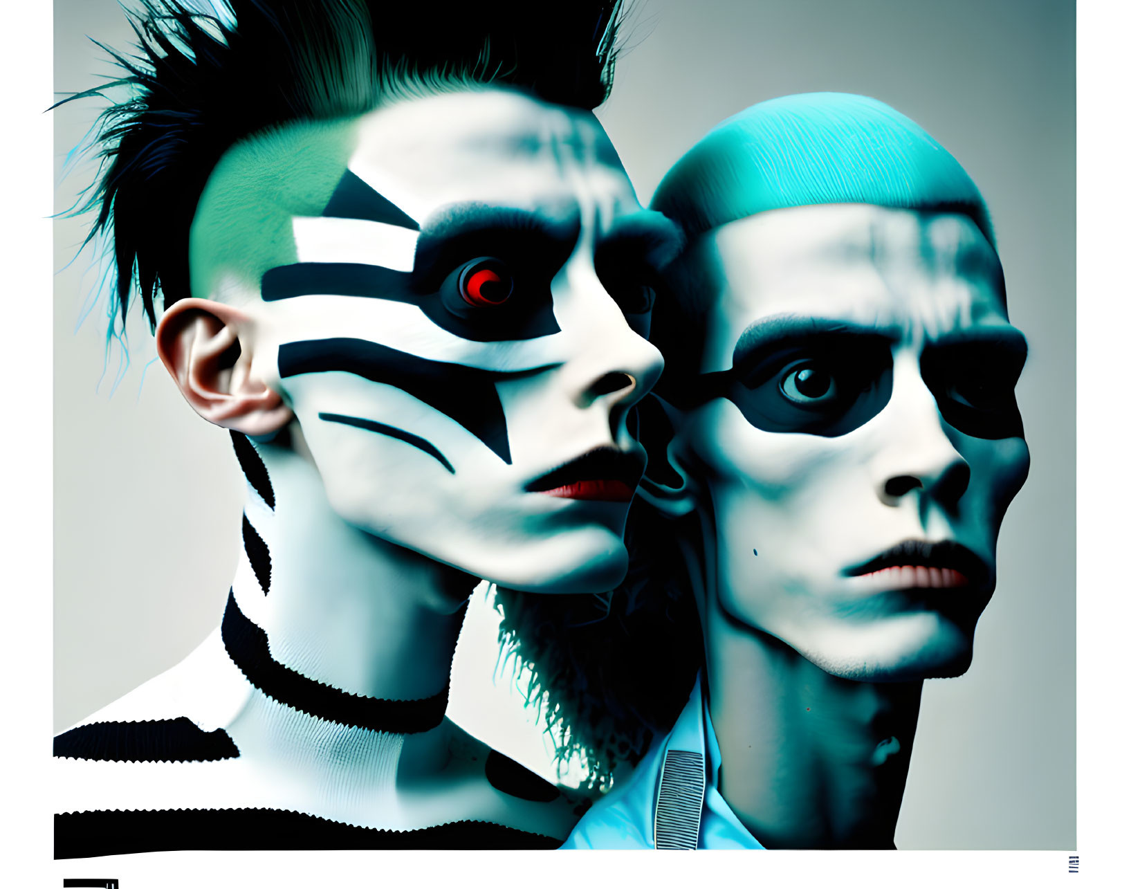 Avant-garde makeup with futuristic and tribal designs in black, white, and red.