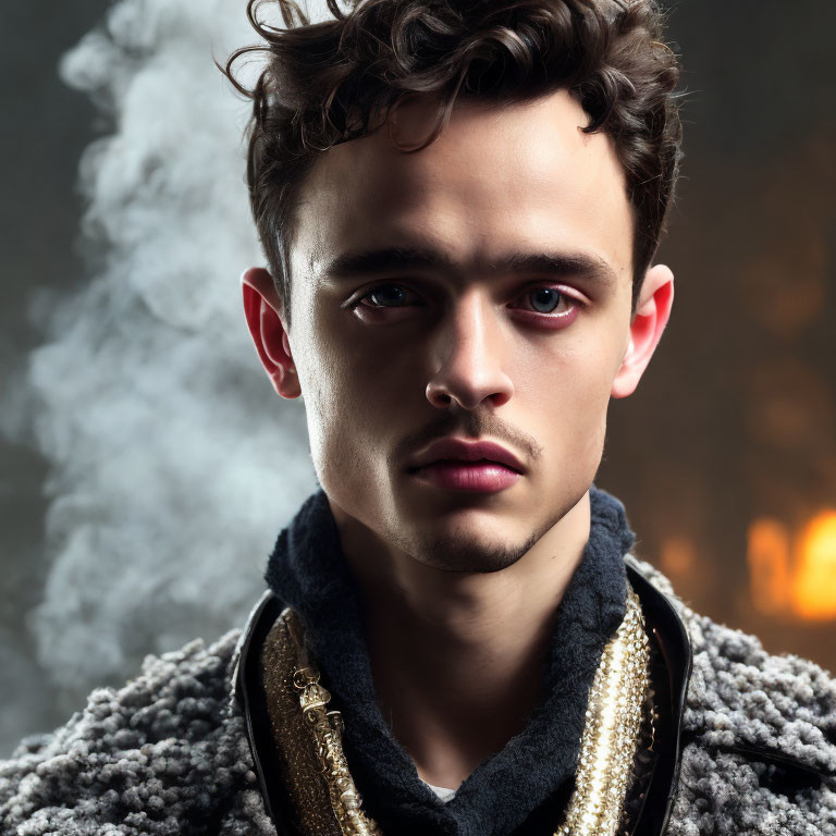 Stylish young man in dark jacket with intense gaze and gold chains on smoky background