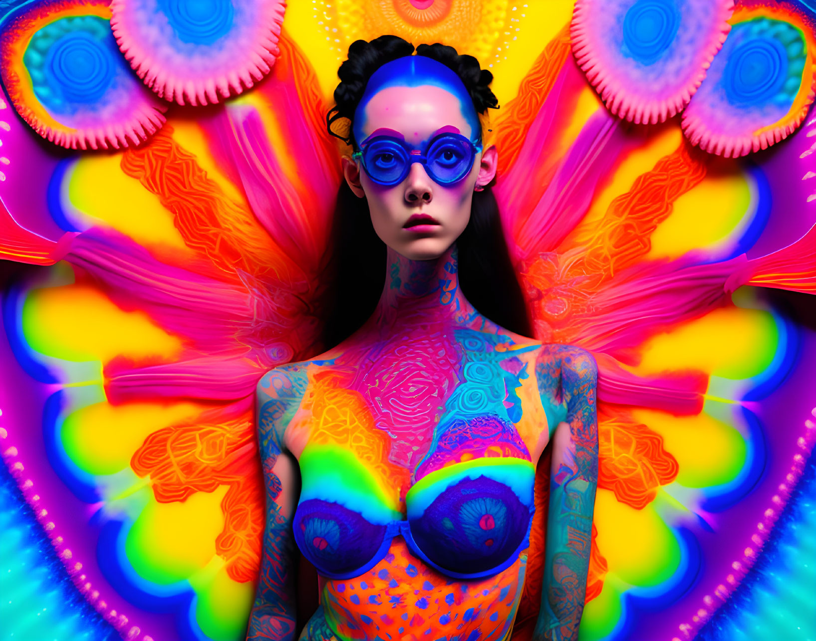 Colorful digital portrait of a woman with psychedelic patterns and body art.