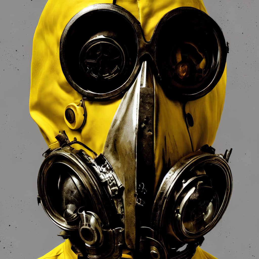 Person in Yellow Hazmat Suit with Dark Gas Mask on Grey Background