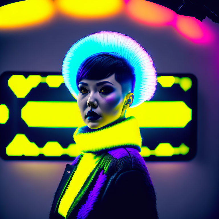 Woman with Neon Halo in Colorful Background Shapes