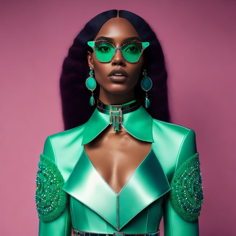 Woman in sunglasses and green top with shoulder embellishments on pink background