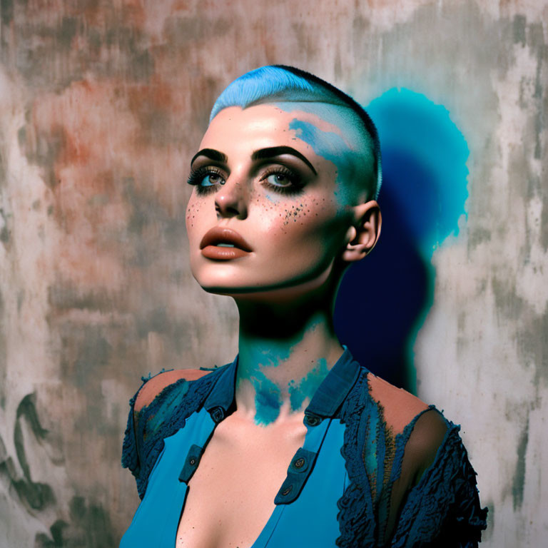 Blue-haired woman with nose piercing and freckles in torn shirt against textured backdrop.