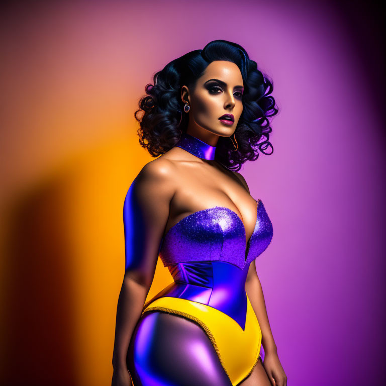 Fashionable woman in futuristic bodysuit on gradient background