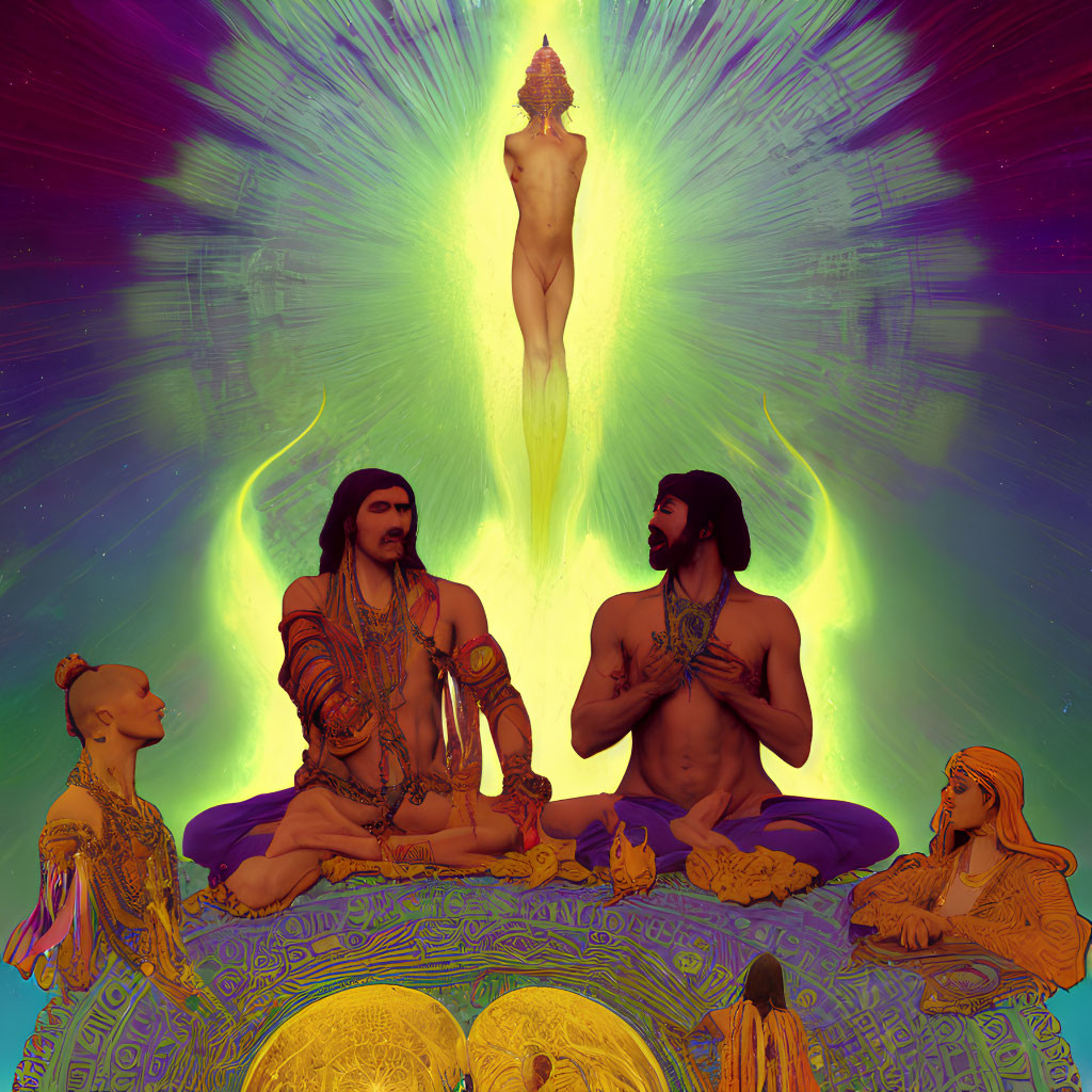 Colorful Artwork Featuring Four Meditating Figures in Psychedelic Setting