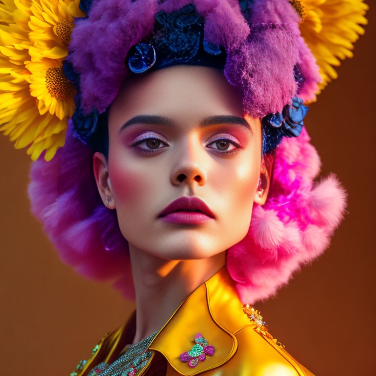 Woman with Bold Eyebrows and Purple Eyeshadow in Vibrant Feather Headpiece