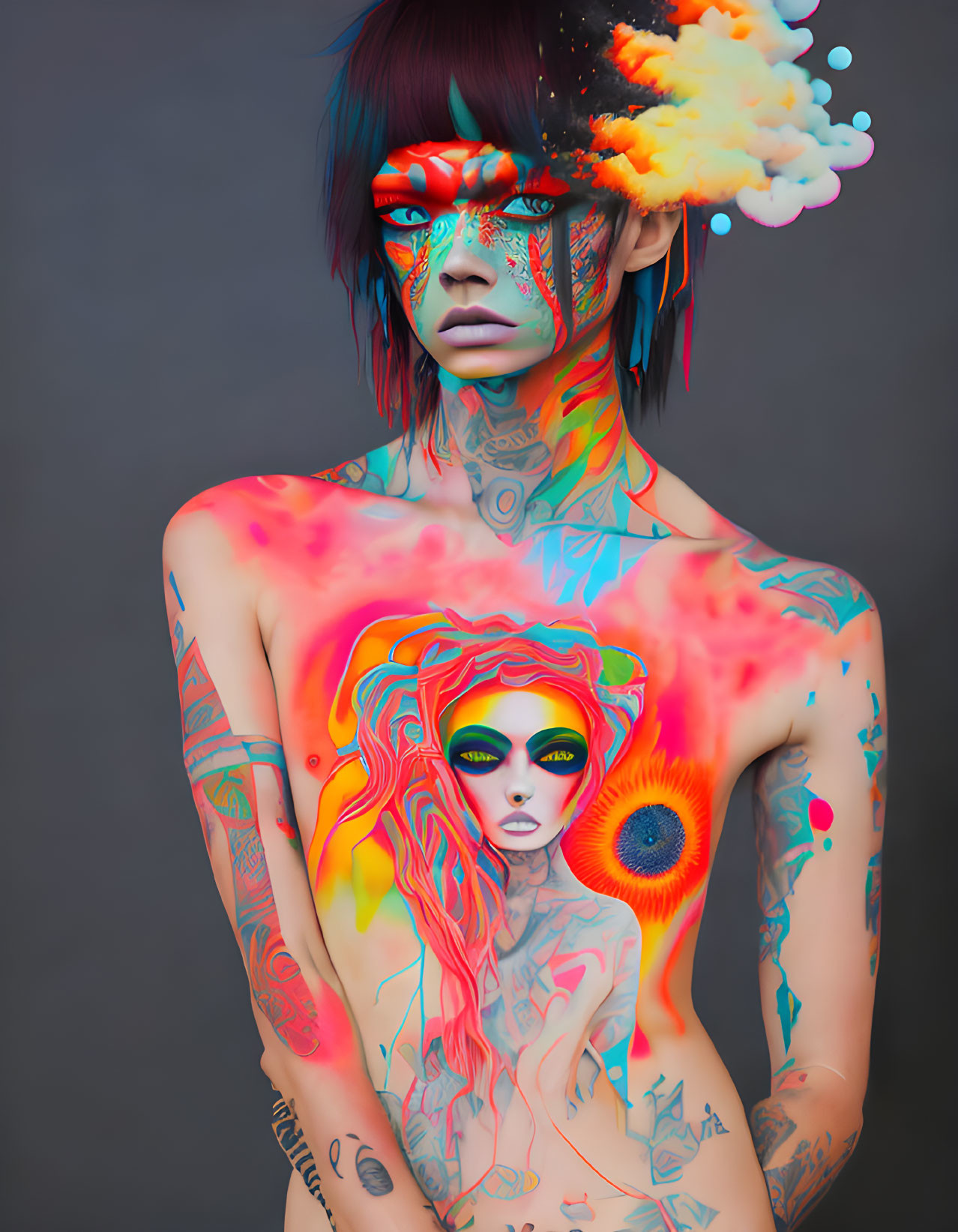 Colorful Body Art with Explosive Cloud Headpiece