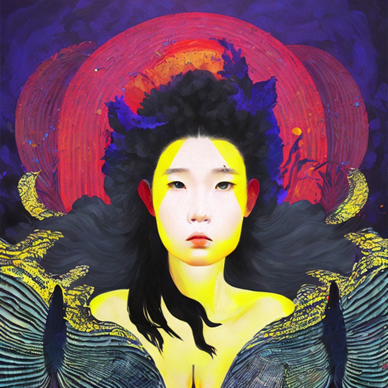 Colorful digital artwork of woman with solemn expression and vibrant halo.