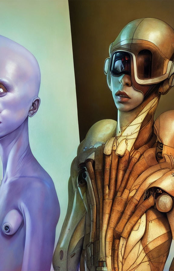 Two humanoid figures: one bald and pensive, the other with cybernetic enhancements and a helmet