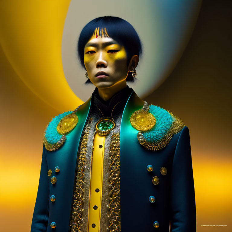 Striking Blue and Gold Outfit with Epaulettes on Yellow Gradient Background