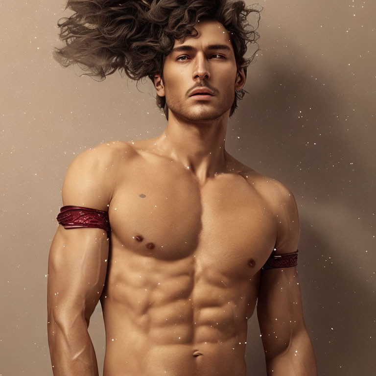 Muscular Man with Wavy Hair and Arm Bands Against Brown Starry Backdrop