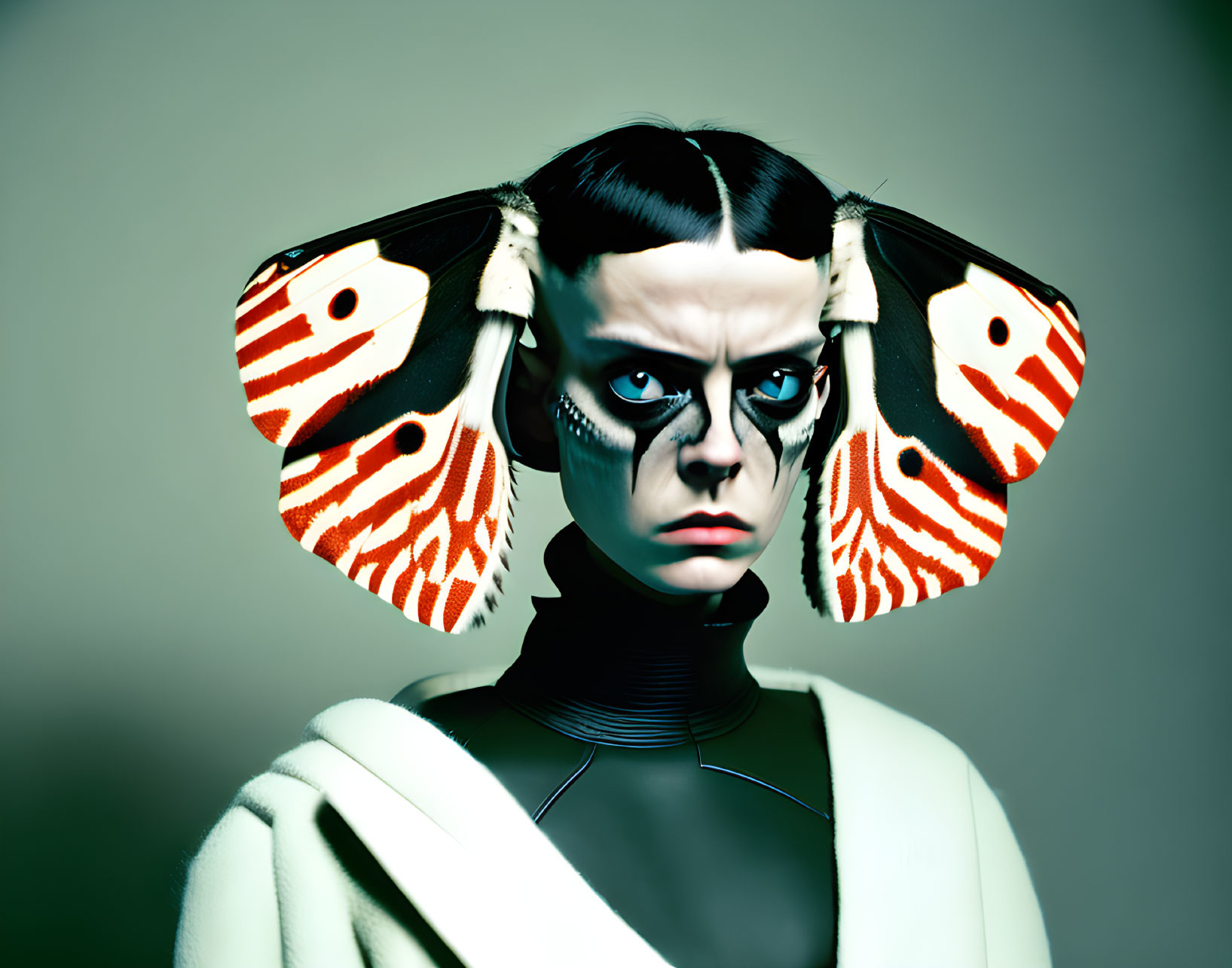 Butterfly-themed face paint with large wings on head, intense stare.