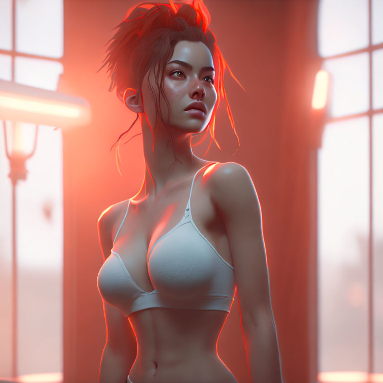 Red-haired woman in white top gazes in warm-lit room