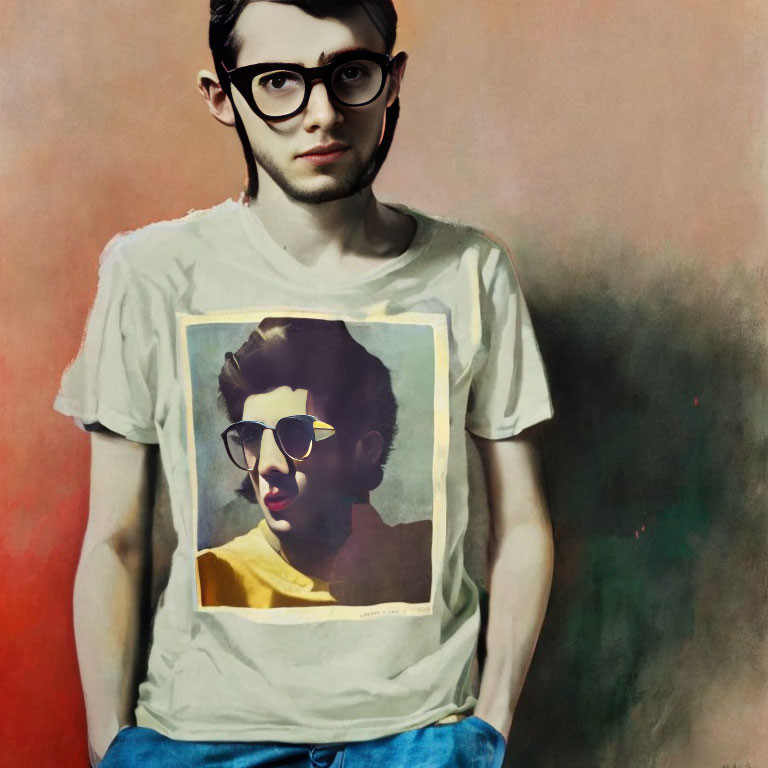 Young man in glasses wearing t-shirt with self-portrait design