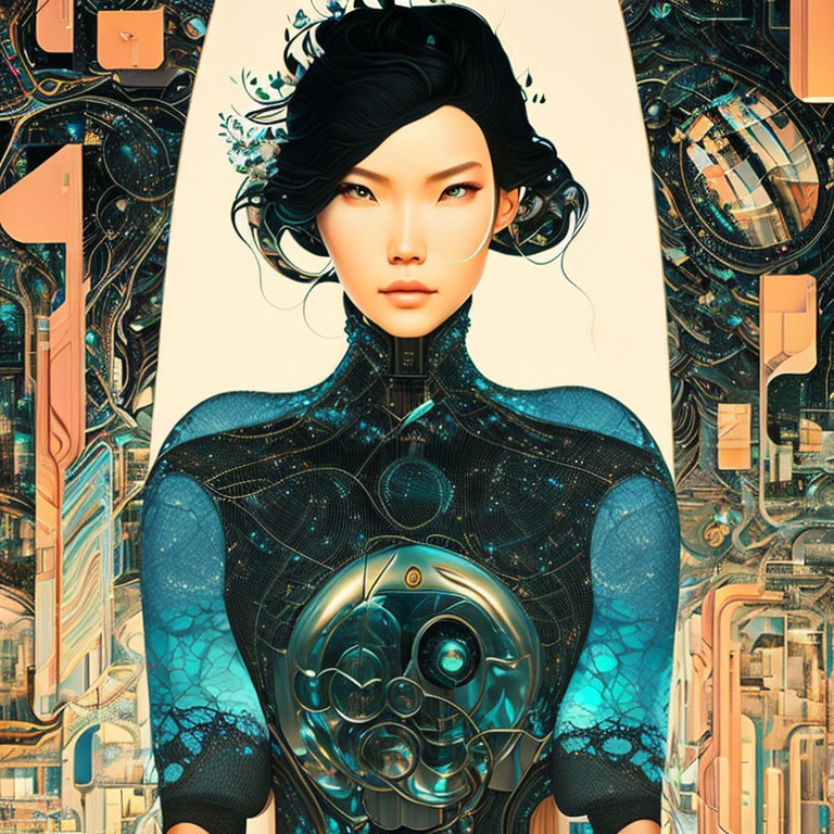 Digital artwork: Female figure with cybernetic body in futuristic cityscape