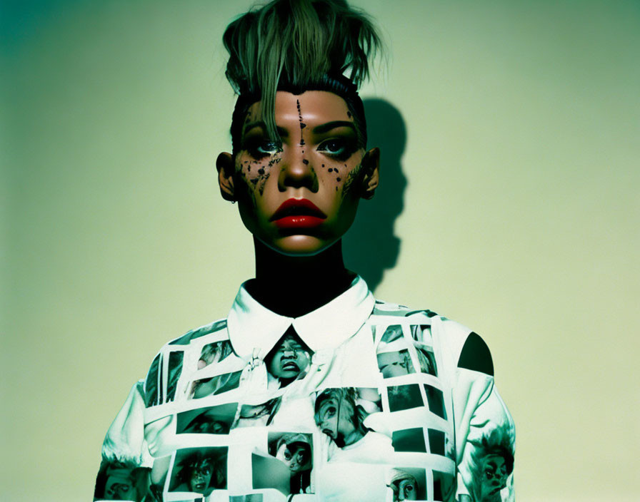 Avant-garde makeup figure with photo print shirt on green background