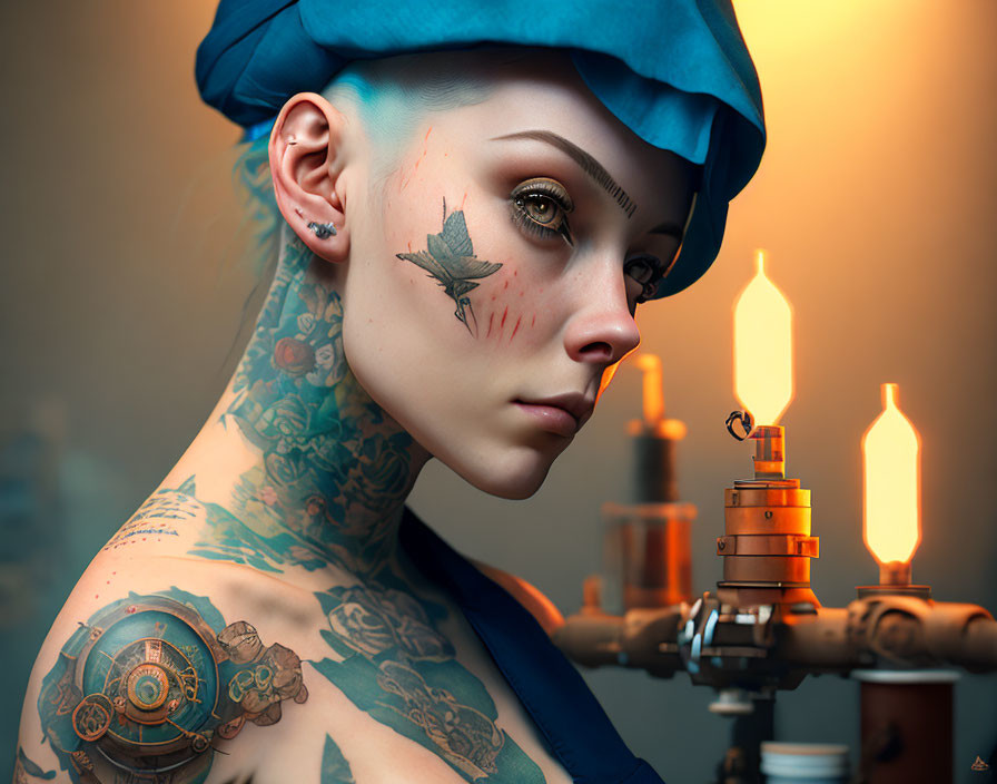 Person with Blue Beret and Neck Tattoos beside Lit Candles and Machinery in Moody Setting