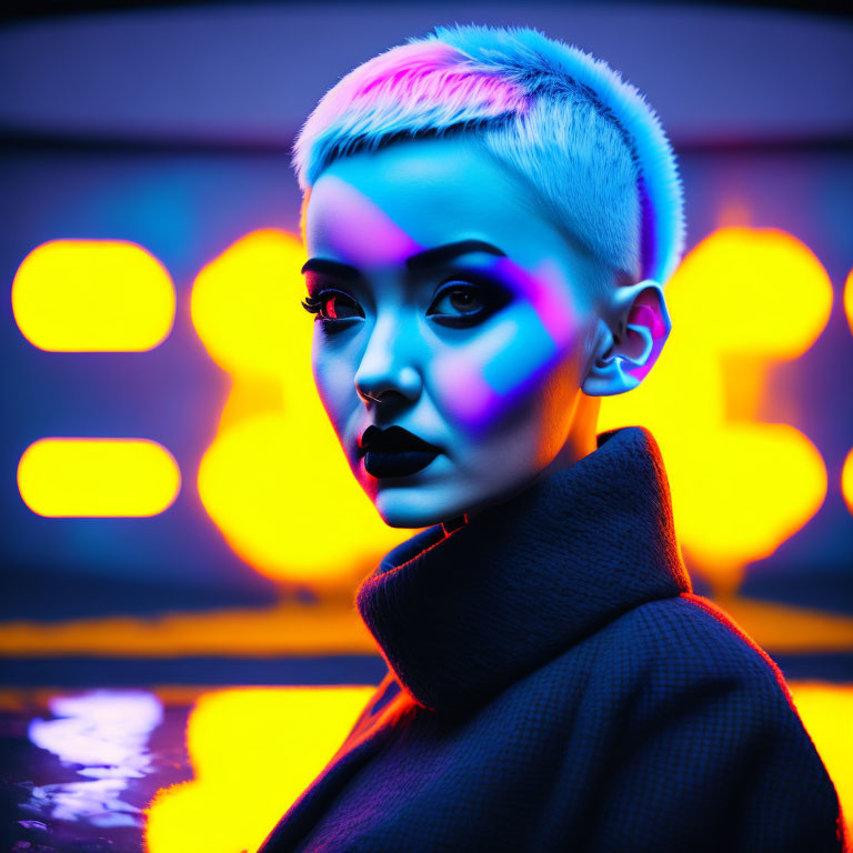 Short-haired person with bold makeup under neon lights and bokeh background.