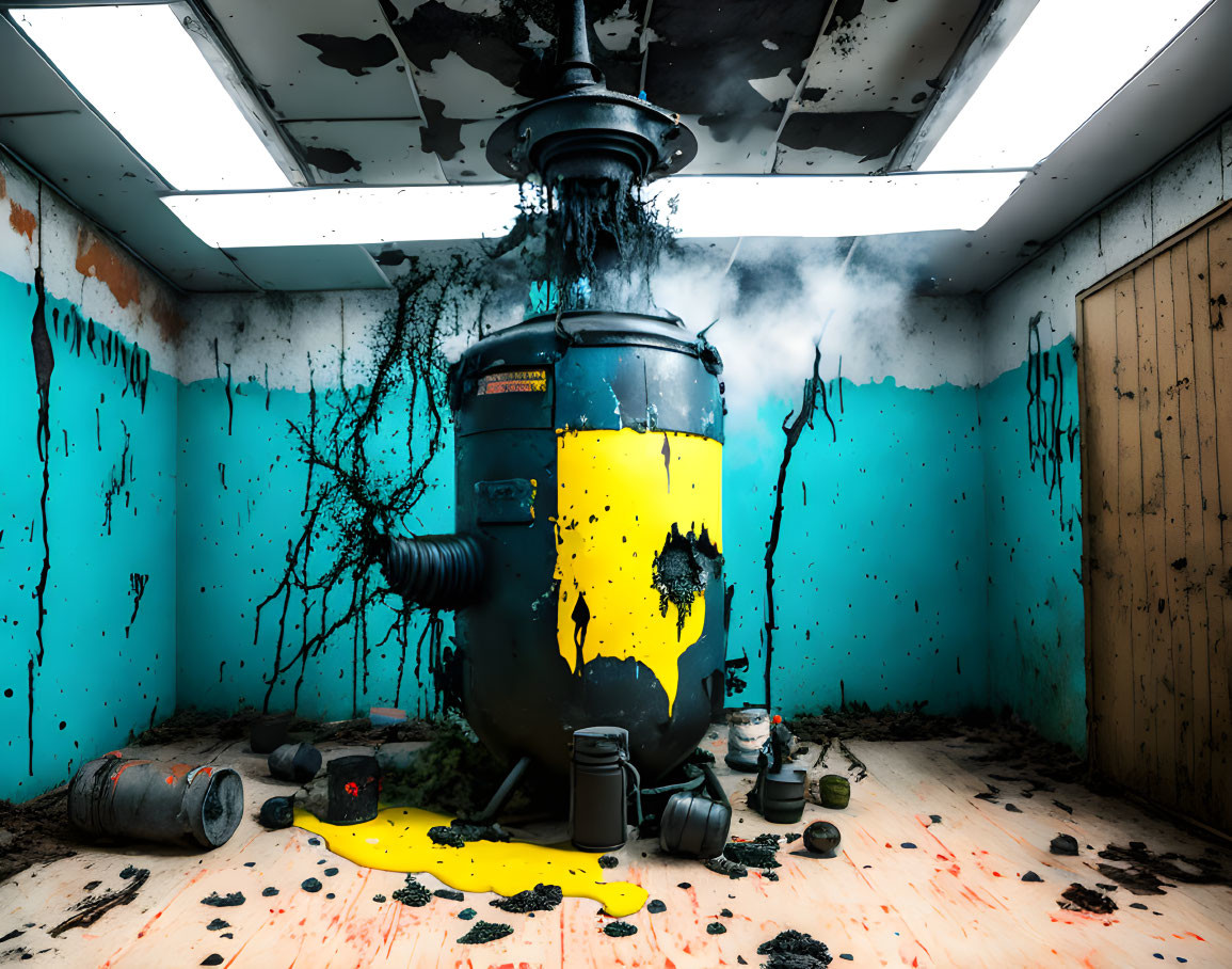 Chaotic Room with Black and Yellow Ink Splatters and Biohazard Tank