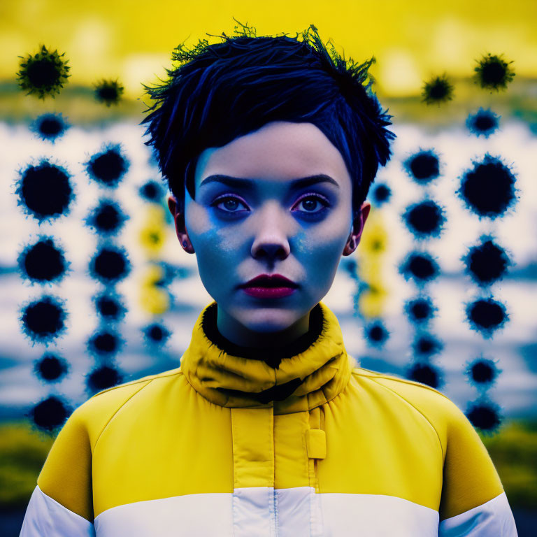 Person with Short Hair in Blue Face Paint, Yellow & White Jacket, Sunflower Pattern Background